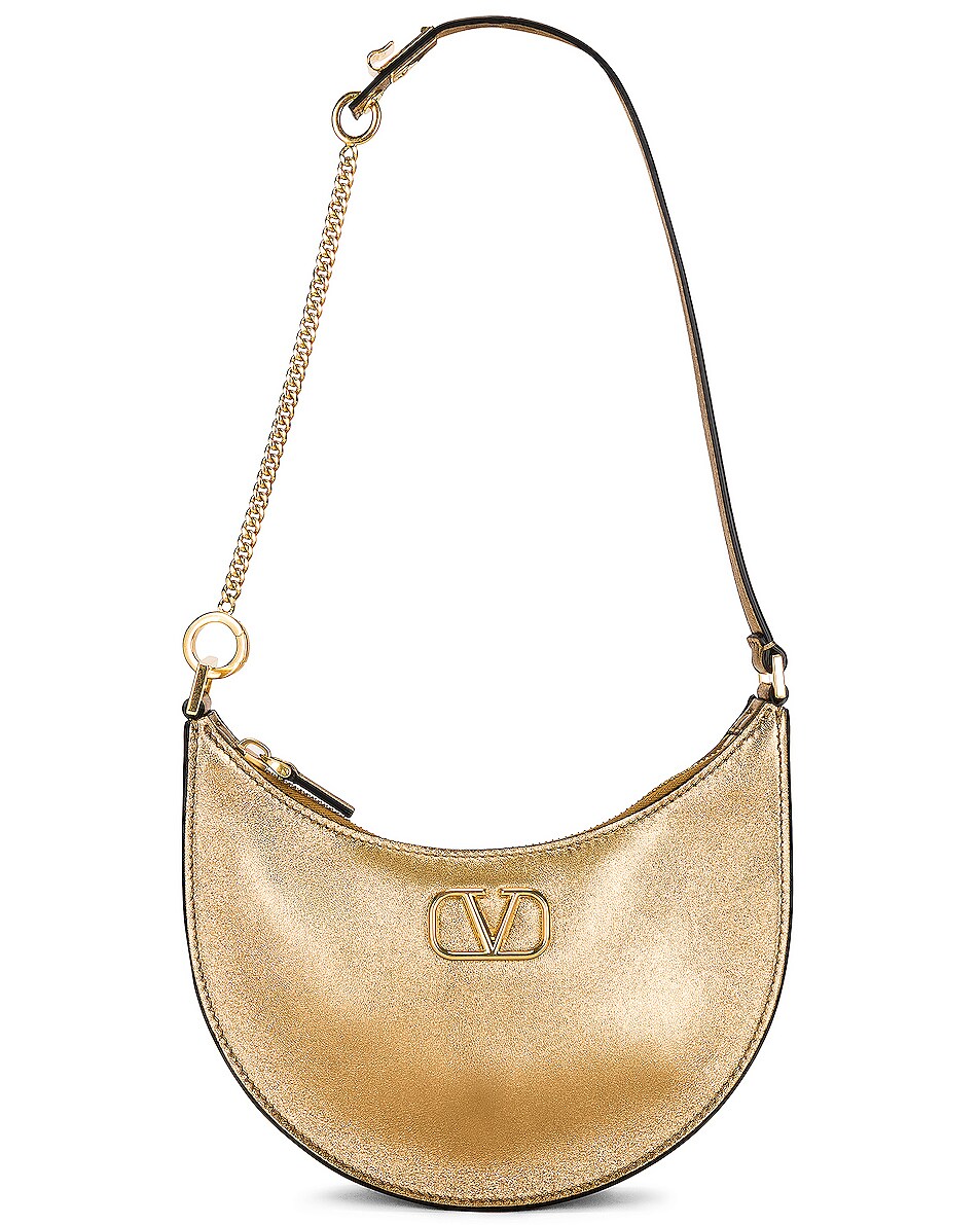Image 1 of Valentino Garavani Mini V Logo Signature Hobo Bag in Antique Brass