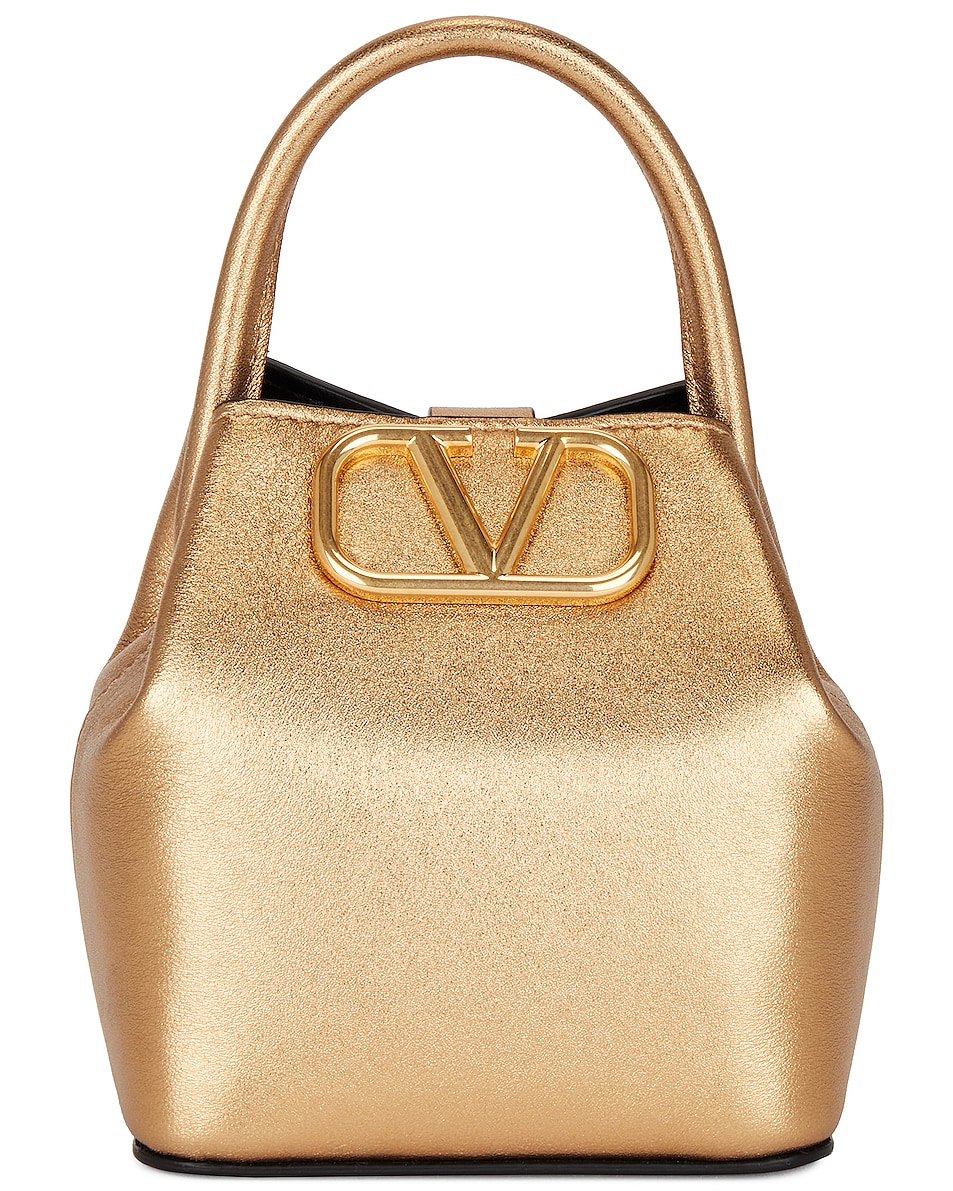 Image 1 of Valentino Garavani Mini V Logo Signature Bucket Bag in Antique Brass