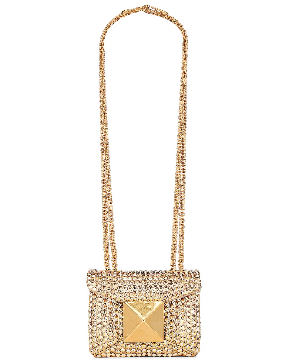 Image 1 of Valentino Garavani Micro One Stud Shoulder Bag in Crystal Metallic Sunshine & Antique Brass