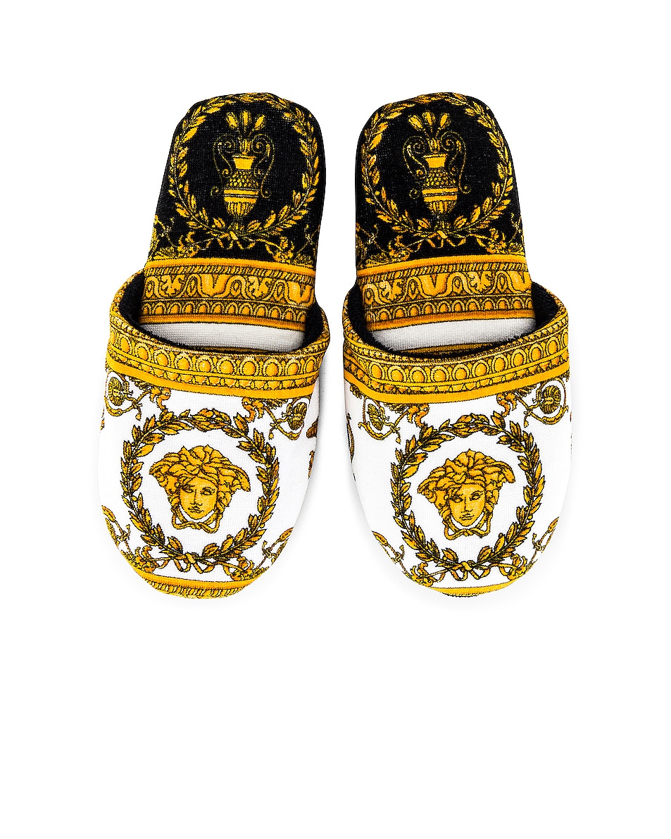 Image 1 of VERSACE I Heart Baroque Slippers in White, Gold, & Black