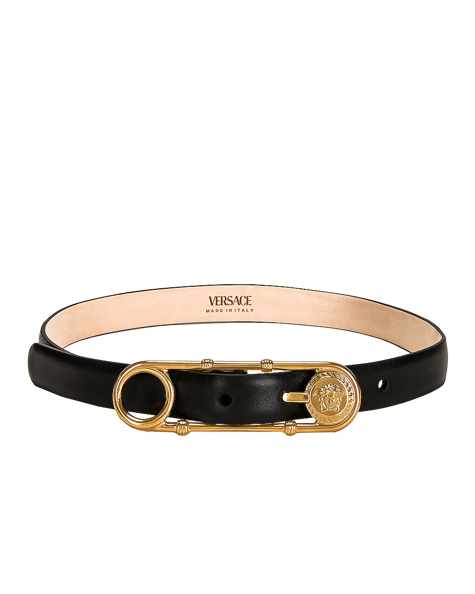 Image 1 of VERSACE Safety Pin Leather Belt in Nero & Oro