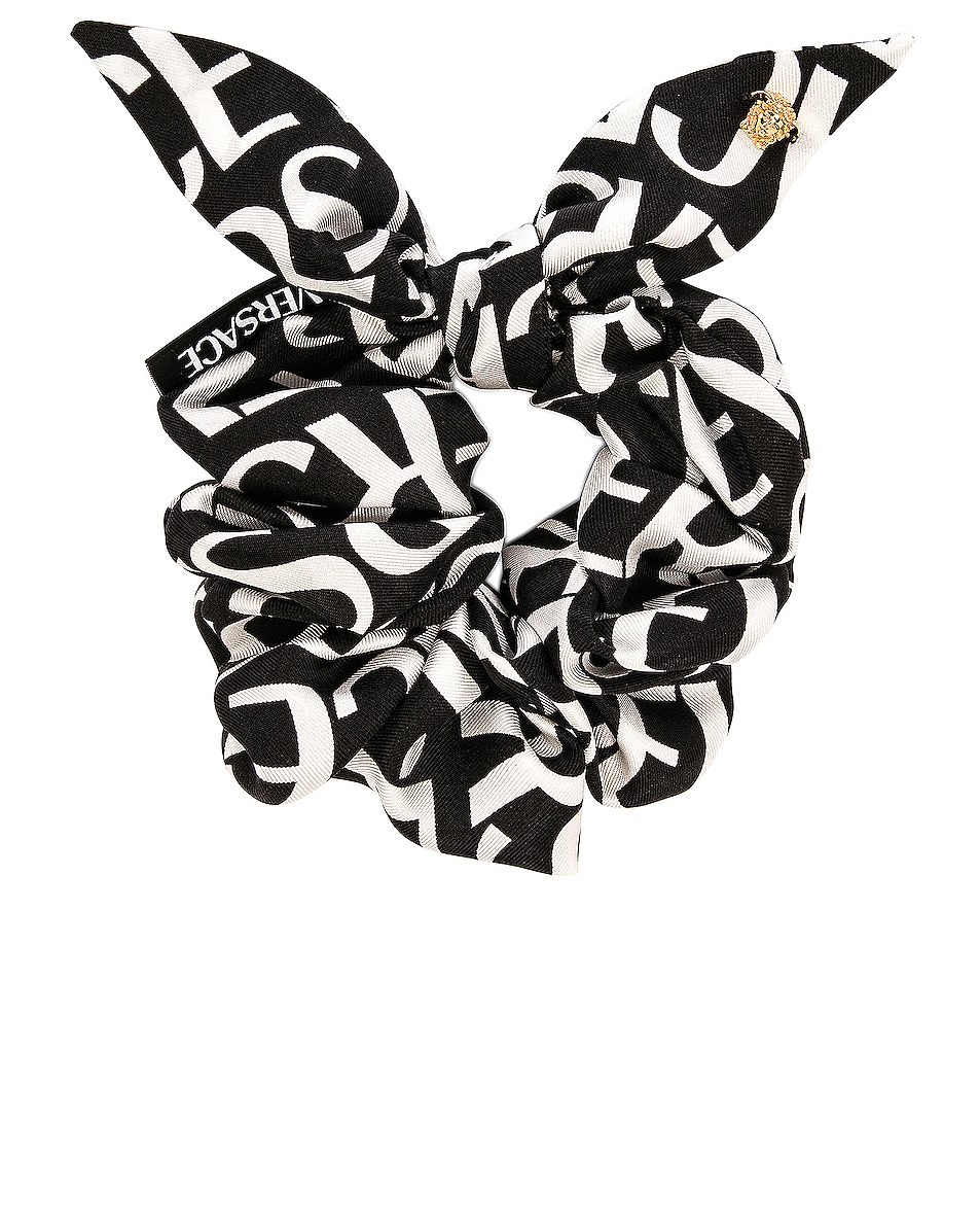 Image 1 of VERSACE All Over Logo Scrunchie in Nero & Bianco