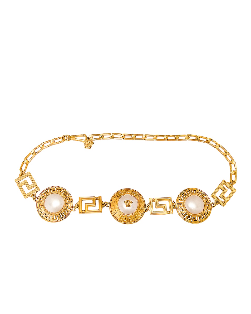 Image 1 of VERSACE Greca Pearl Chain Belt in Oro & Bianco