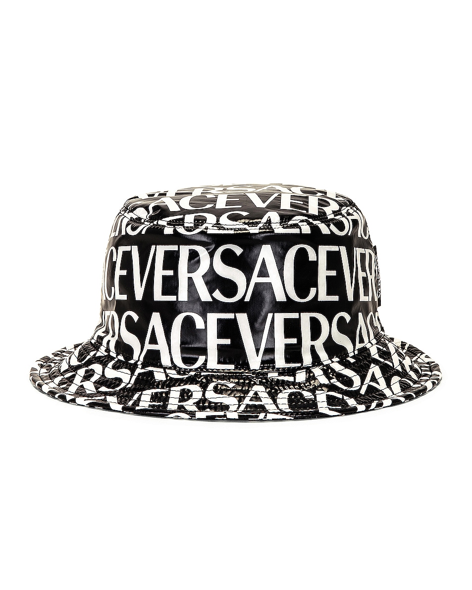 Image 1 of VERSACE All Over Logo Bucket Hat in Nero & Bianco