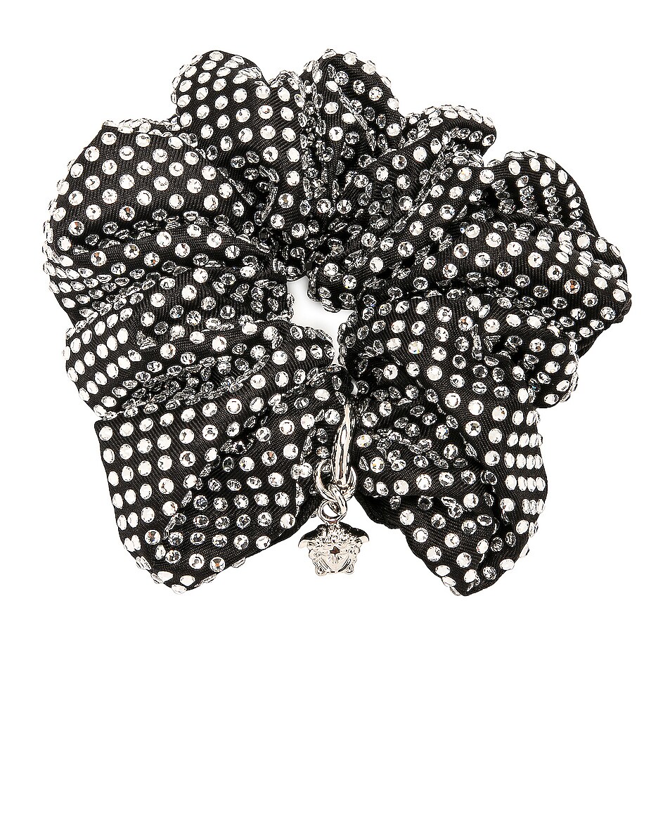 Image 1 of VERSACE Silk Hair Scrunchie in Black & Silver