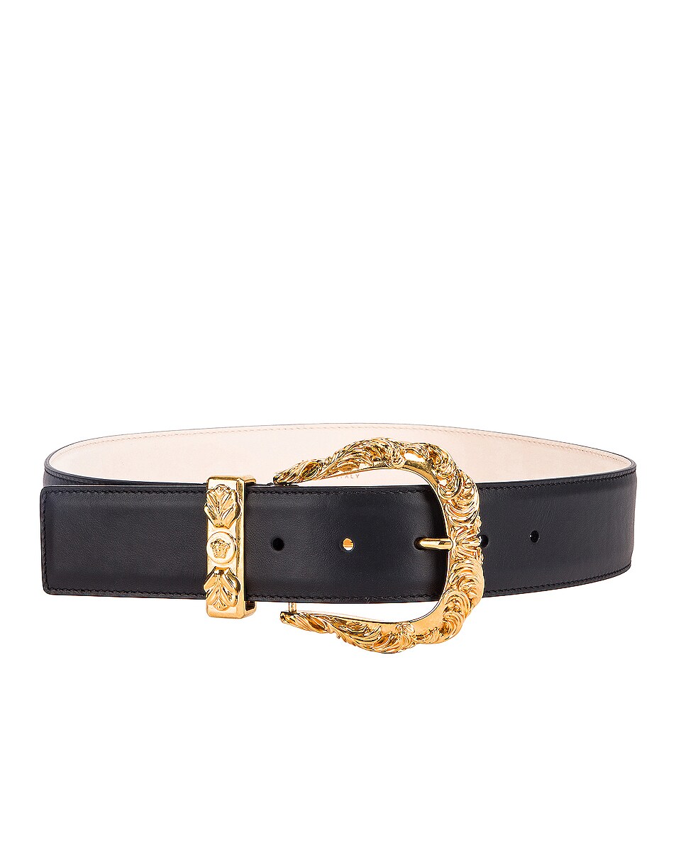VERSACE Leather Buckle Belt in Black & Gold | FWRD