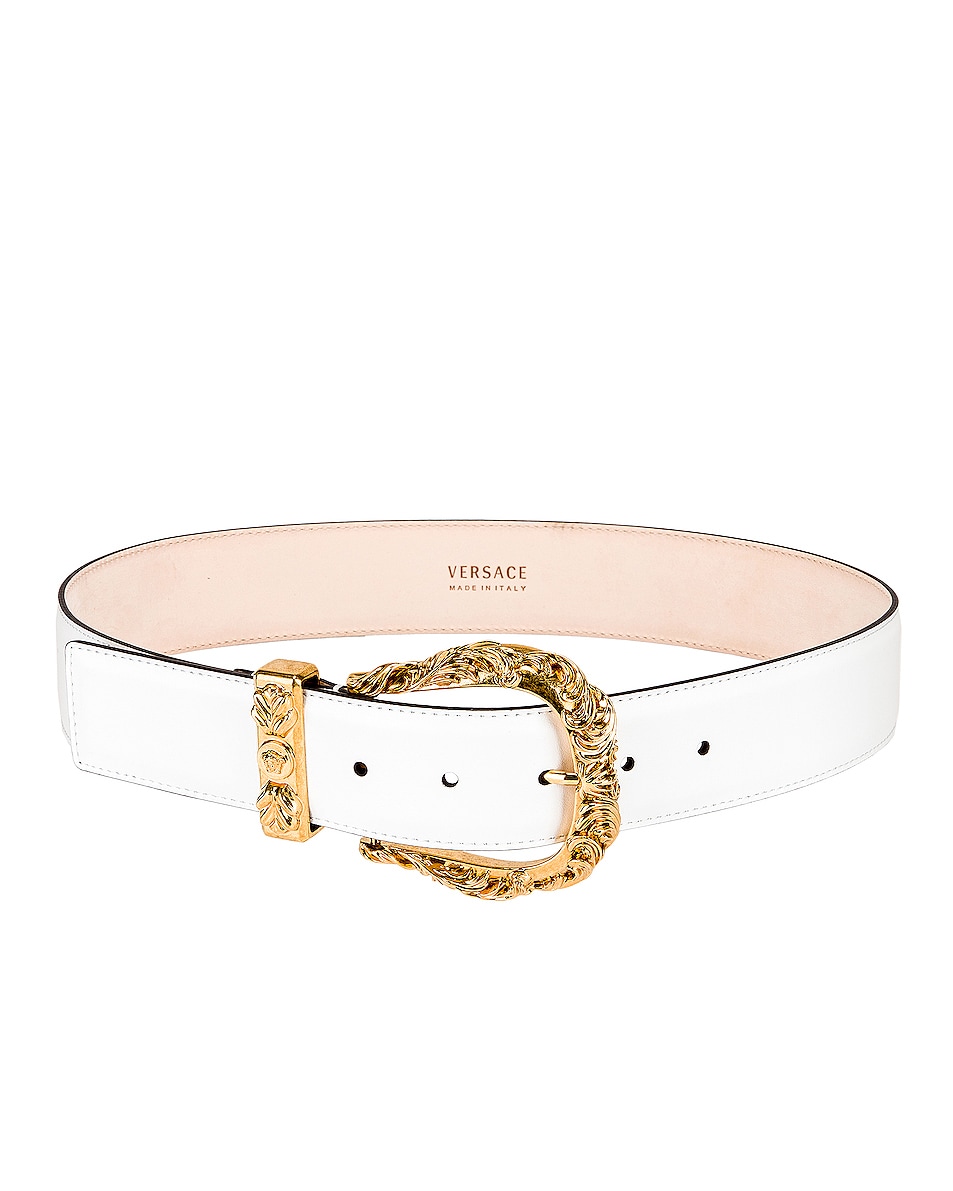 VERSACE Leather Buckle Belt in White & Gold | FWRD