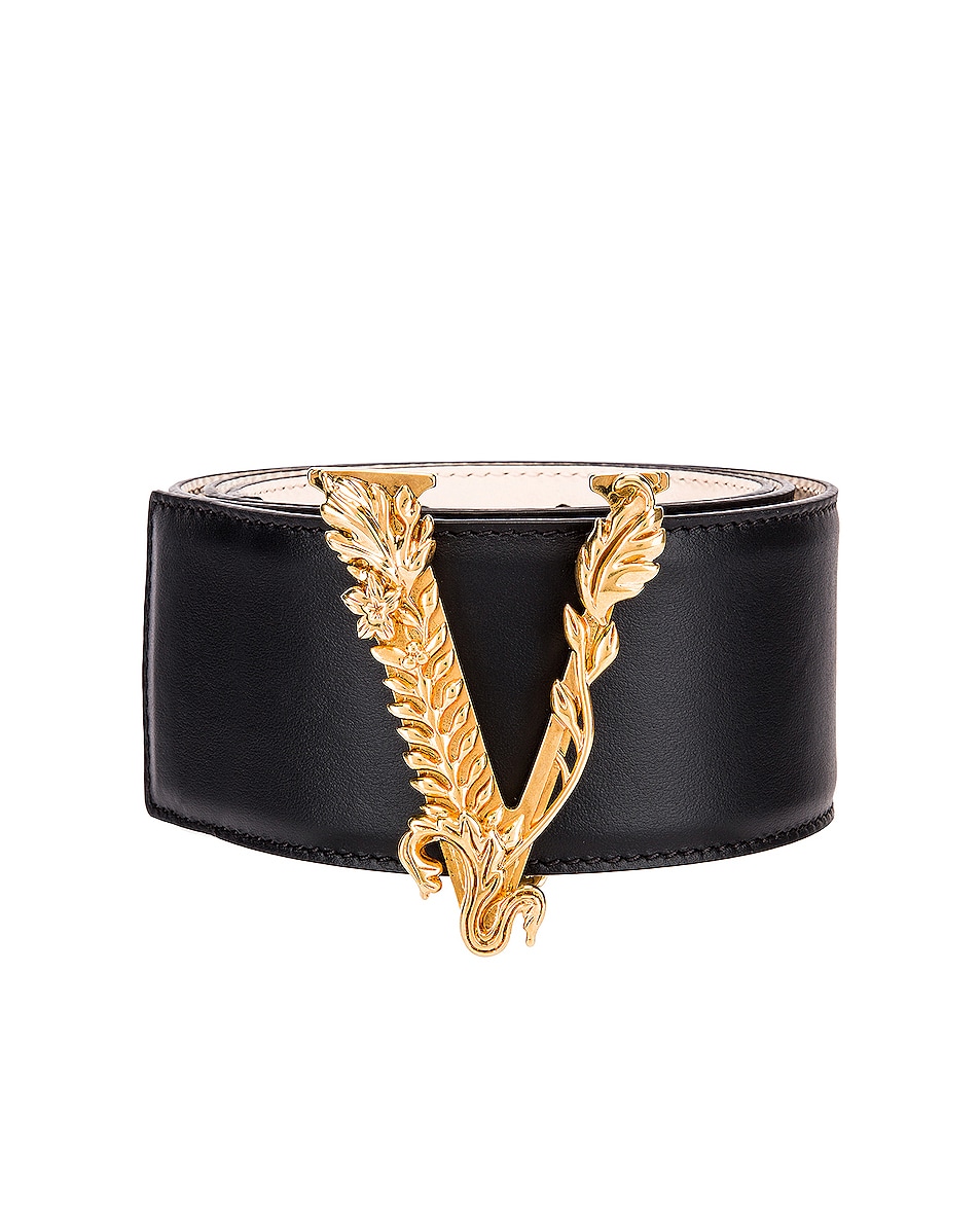 Image 1 of VERSACE Leather Tribute Belt in Black & Gold