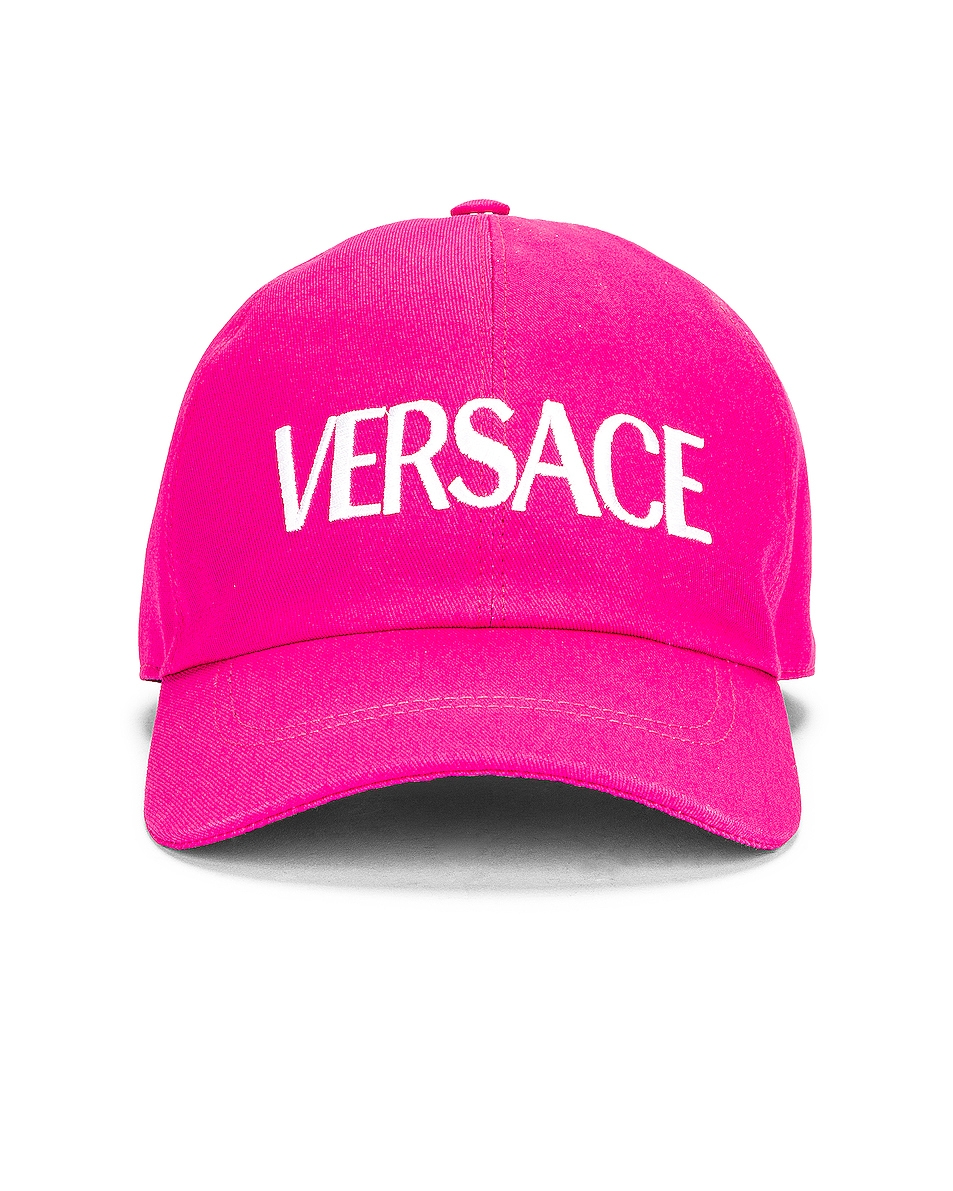 Image 1 of VERSACE Logo Baseball Hat in Fuchsia & White