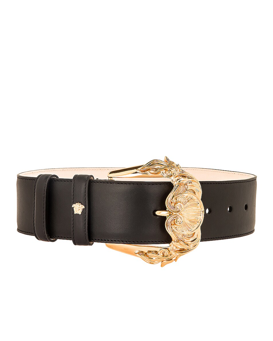 Image 1 of VERSACE Leather Buckle Belt in Black & Gold