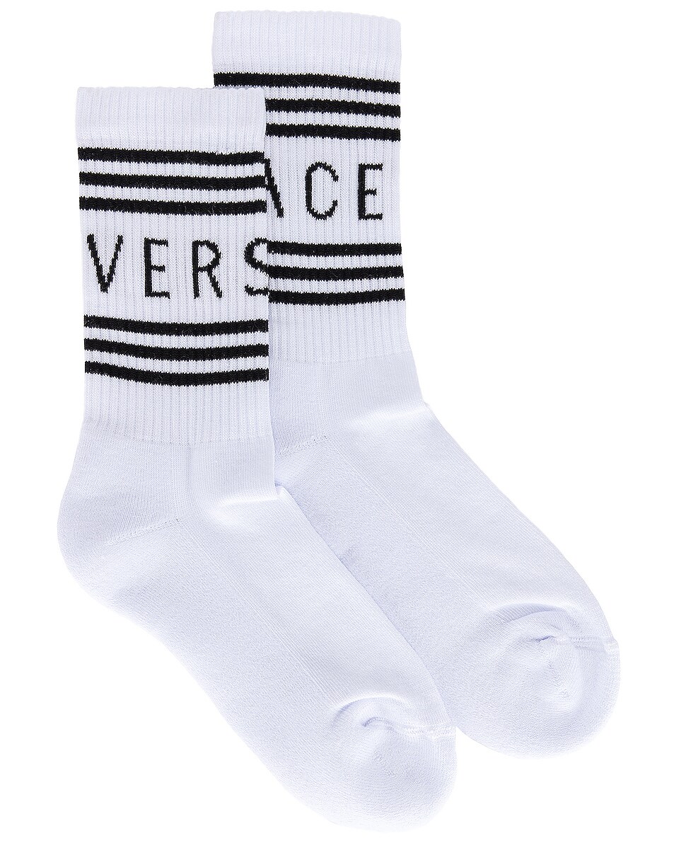 Image 1 of VERSACE Logo Socks in Bianco & Nero