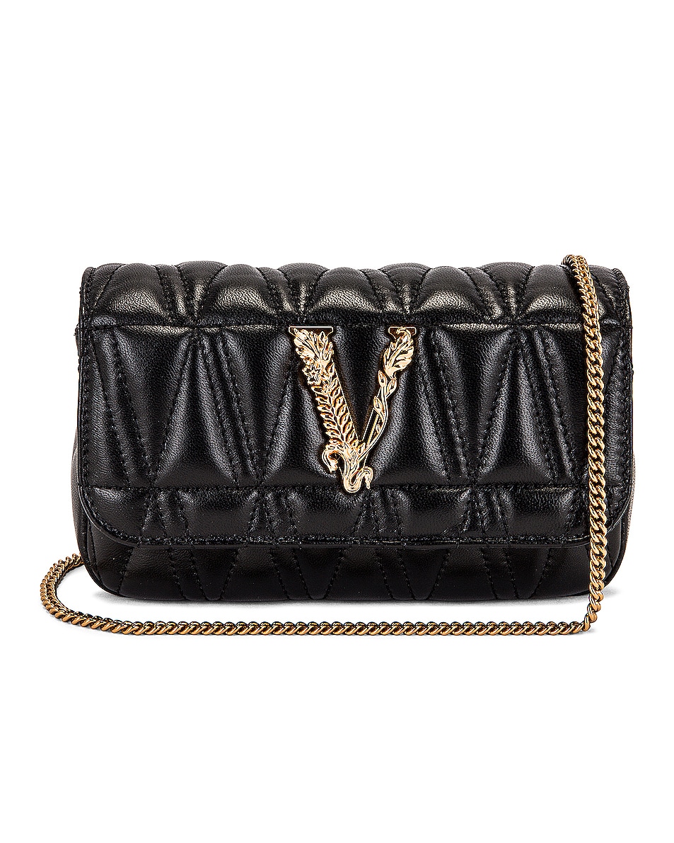 Image 1 of VERSACE Quilted V Shoulder Bag in Nero & Oro