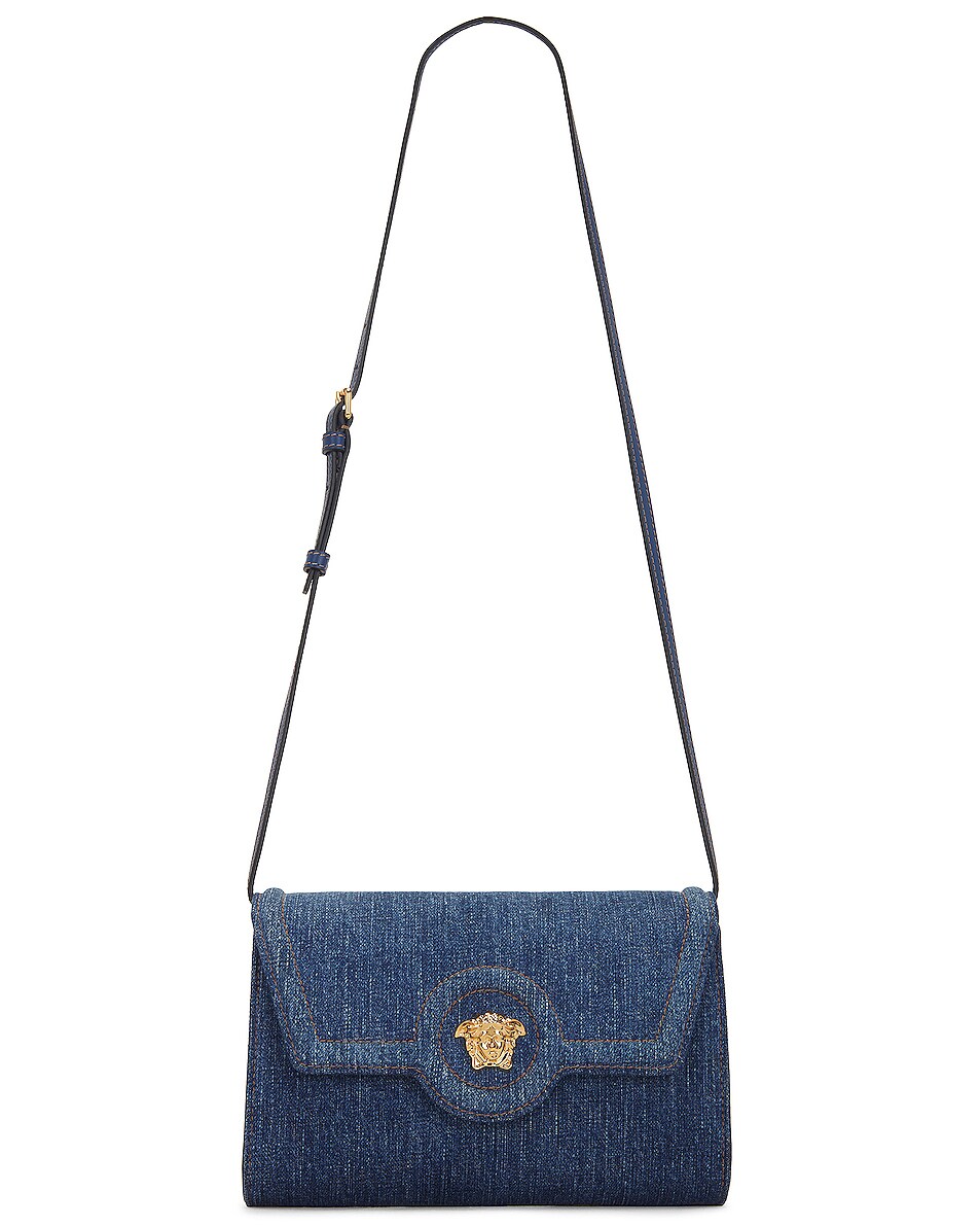 Image 1 of VERSACE La Medusa Wallet on Chain Bag in Navy Blue & Oro