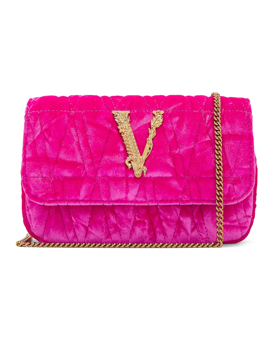 Image 1 of VERSACE V Crossbody Bag in Glossy Pink & Oro