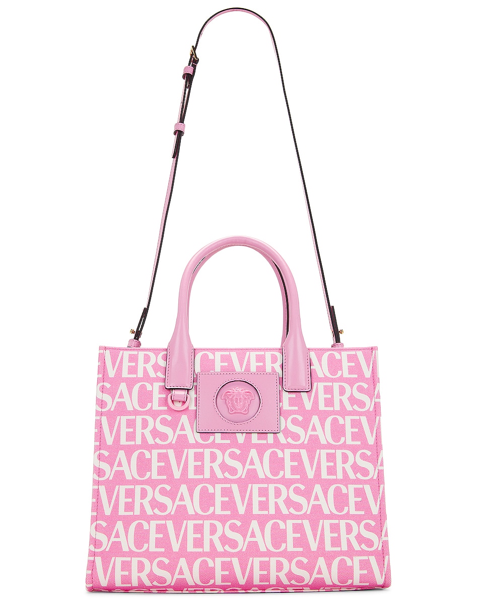 Image 1 of VERSACE Logo Tote Bag in Baby Pink & Bianco