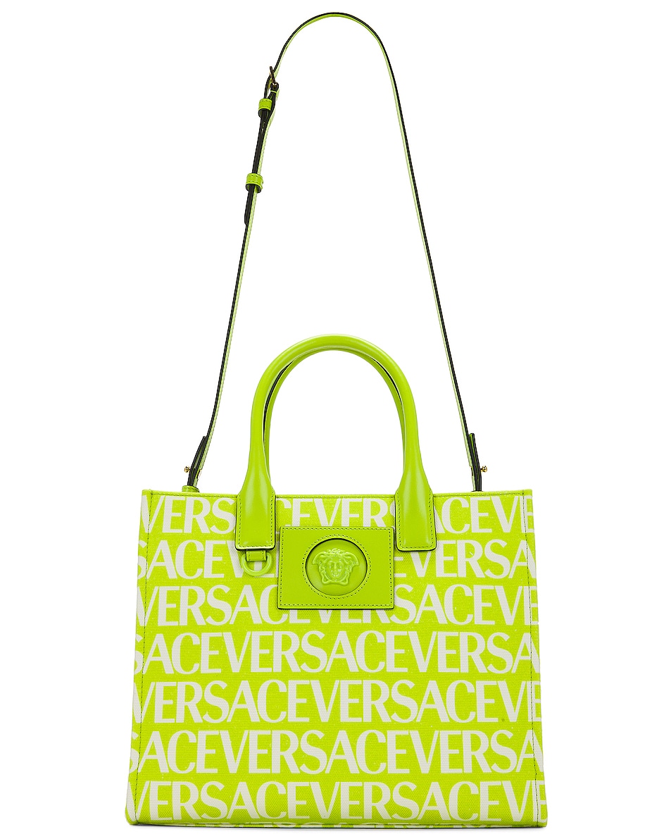 Image 1 of VERSACE Logo Tote Bag in Acid Lime & Bianco