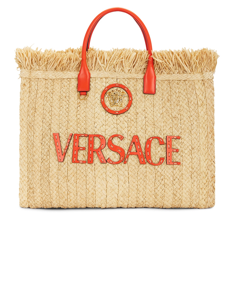 Image 1 of VERSACE Straw Tote Bag in Natural, Coral, & Versace Gold