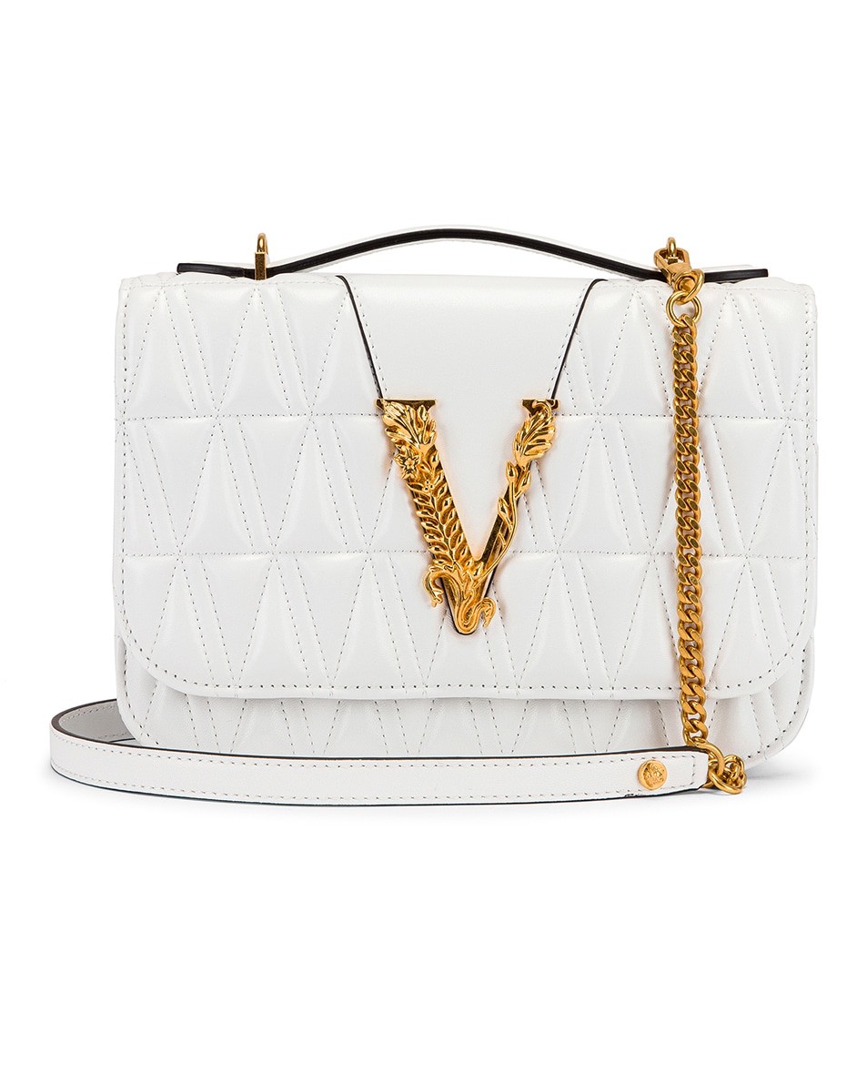VERSACE Quilted Leather Tribute Crossbody Bag in White & Gold | FWRD