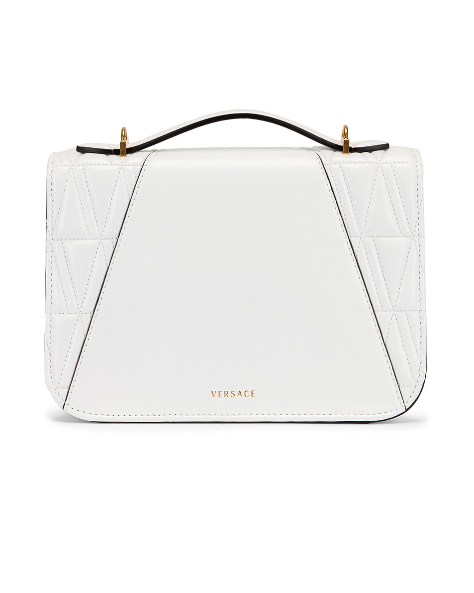 VERSACE Quilted Leather Tribute Crossbody Bag in White & Gold FWRD