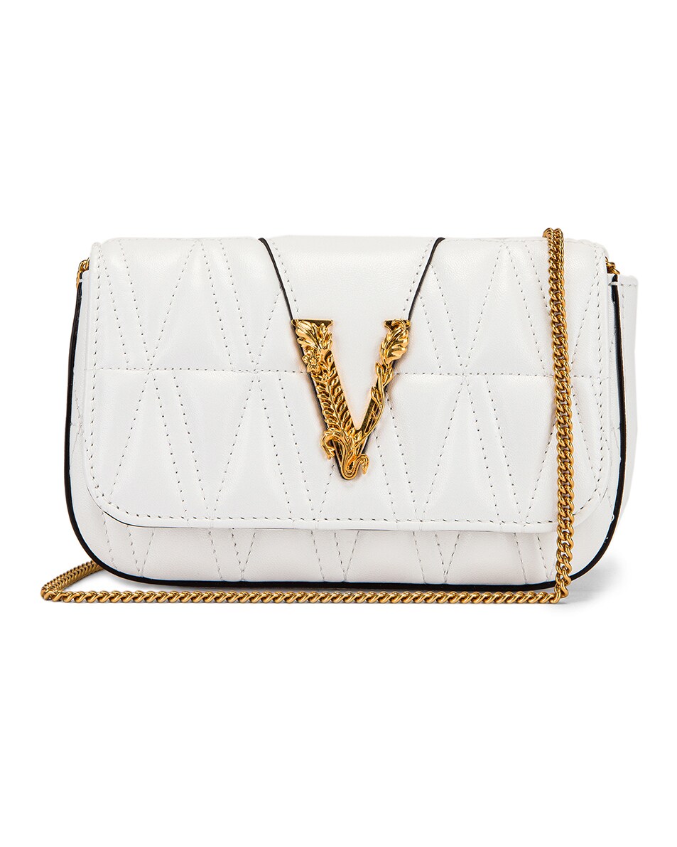 Image 1 of VERSACE Quilted Leather Tribute Rectangle Crossbody Bag in White & Gold