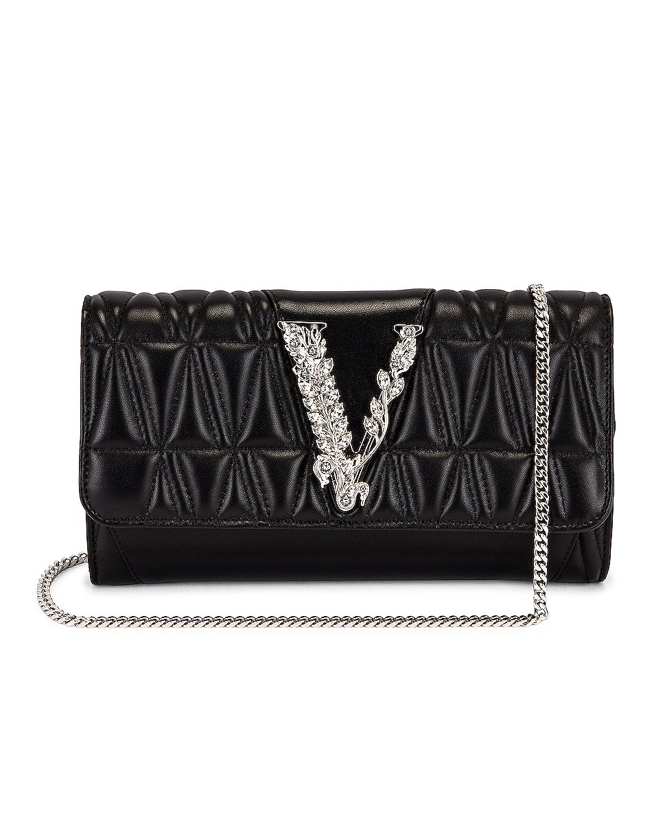 Image 1 of VERSACE V Leather Crossbody Bag in Black & Palladio
