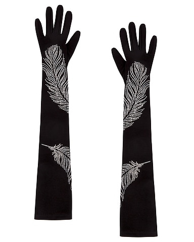 Rhinestone Feather Long Gloves