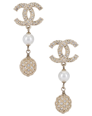 Chanel Coco Mark Rhinestone Pearl Dangle Earrings