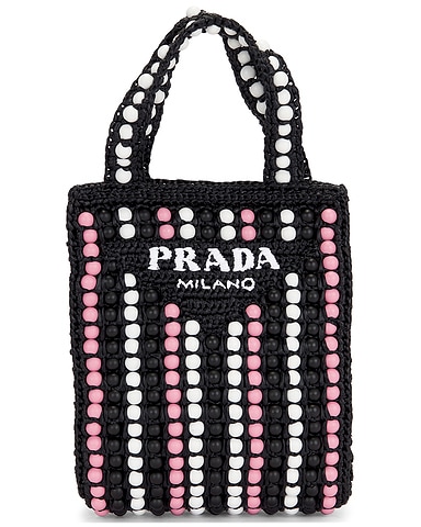 Prada Wood Beaded Raffia Tote Bag