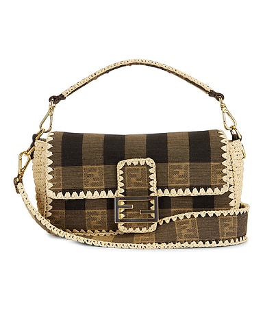 Fendi Pequin Raffia Baguette Shoulder Bag