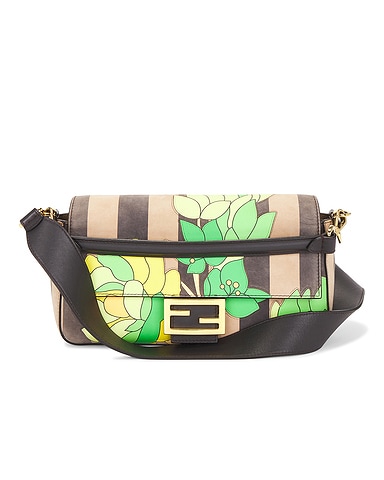 Fendi Nubuck Pequin Floral Baguette Shoulder Bag