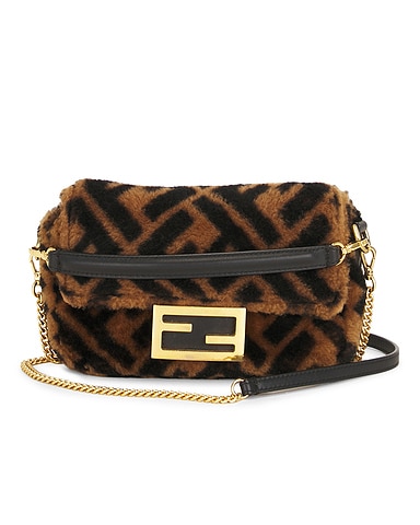Fendi Shearling Vitello Dolce Macro FF 1974 Mini Baguette Shoulder Bag