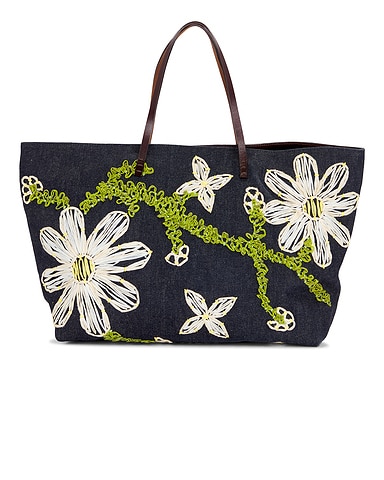 Fendi Flower Embroidered Denim Tote Bag