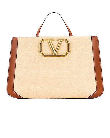 VLogo Raffia Double Handle Bag