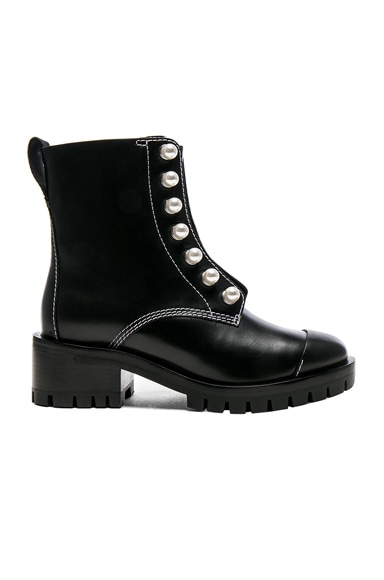 Lug Sole Zipper Leather Boots with Pearls