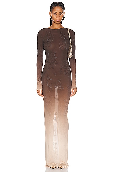 Destroyed Strass Jersey Long Dress in Brown