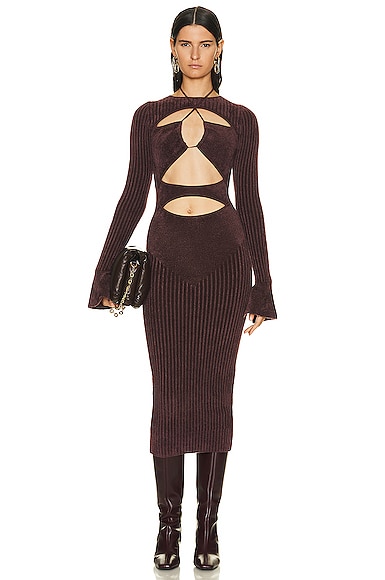 Ribbed Knit Velvet Midi Dress With Cut Out