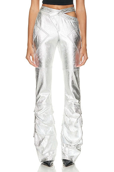Wet Leather Pleat Pant in Metallic Silver
