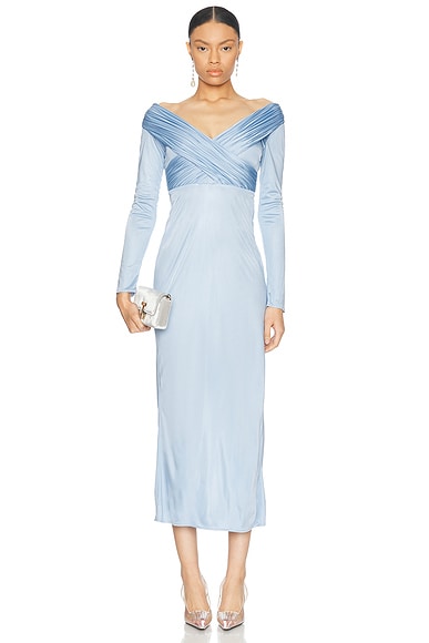 Alejandra Alonso Rojas Long Sleeve Draped Jersey Dress in Sky Blue