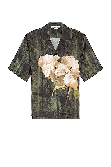 acne studios シャツ 開襟　フラワー　20aw ベージュ　サイズ48 Acne Studios Simon Floral Patch Shirt in Dark Green | FWRD