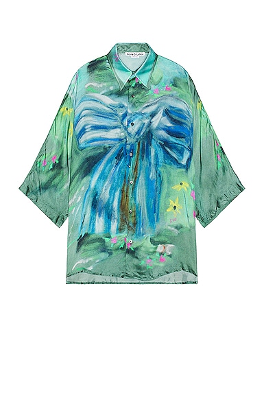 Acne Studios Sandroki Kilminik Crinkled Shirt in Sage Green & Light Blue