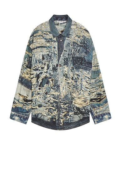 Acne Studios Torn Scribble Trompe L'oeil Long Sleeve Shirt in Denim Blue