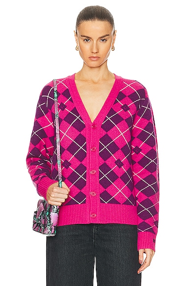 Shop Acne Studios Face Printed Cardigan In Bright Pink & Mid Purple