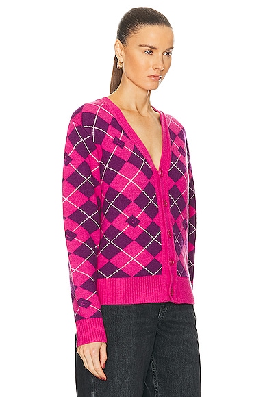 Shop Acne Studios Face Printed Cardigan In Bright Pink & Mid Purple