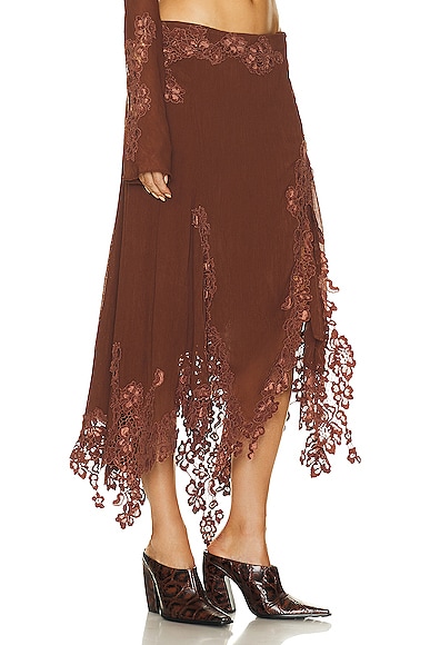 Shop Acne Studios Lace Trim Midi Skirt In Rust Brown