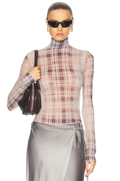 AMERI◆PLAID SHEER TURTLE KNIT/FREE/レーヨン/GRN/01120140361 PLAID SHEER TURTLE KNIT Ameri vintage カットソー(長袖/七分)