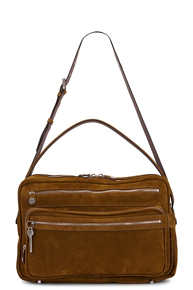 Acne Studios Camero Camera Suede V Bag in Cognac Brown