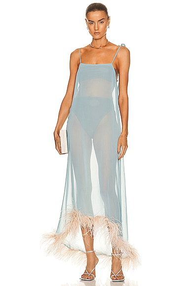 Adriana Degreas Solid Midi Dress With Feathers In Blue