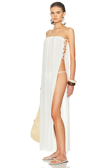 ADRIANA DEGREAS Geometric Strapless Long Dress in Off White