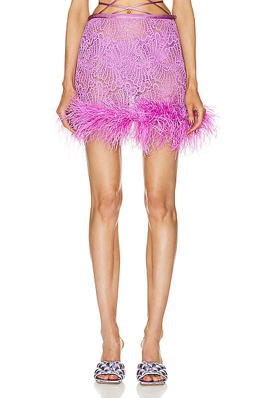 Adriana Degreas Guipure Lace Feathered Mini Skirt In Violet