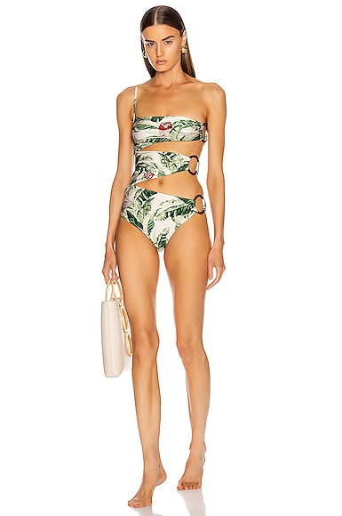 x Cult Gaia Tropical One Shoulder Swimsuit with Hoops